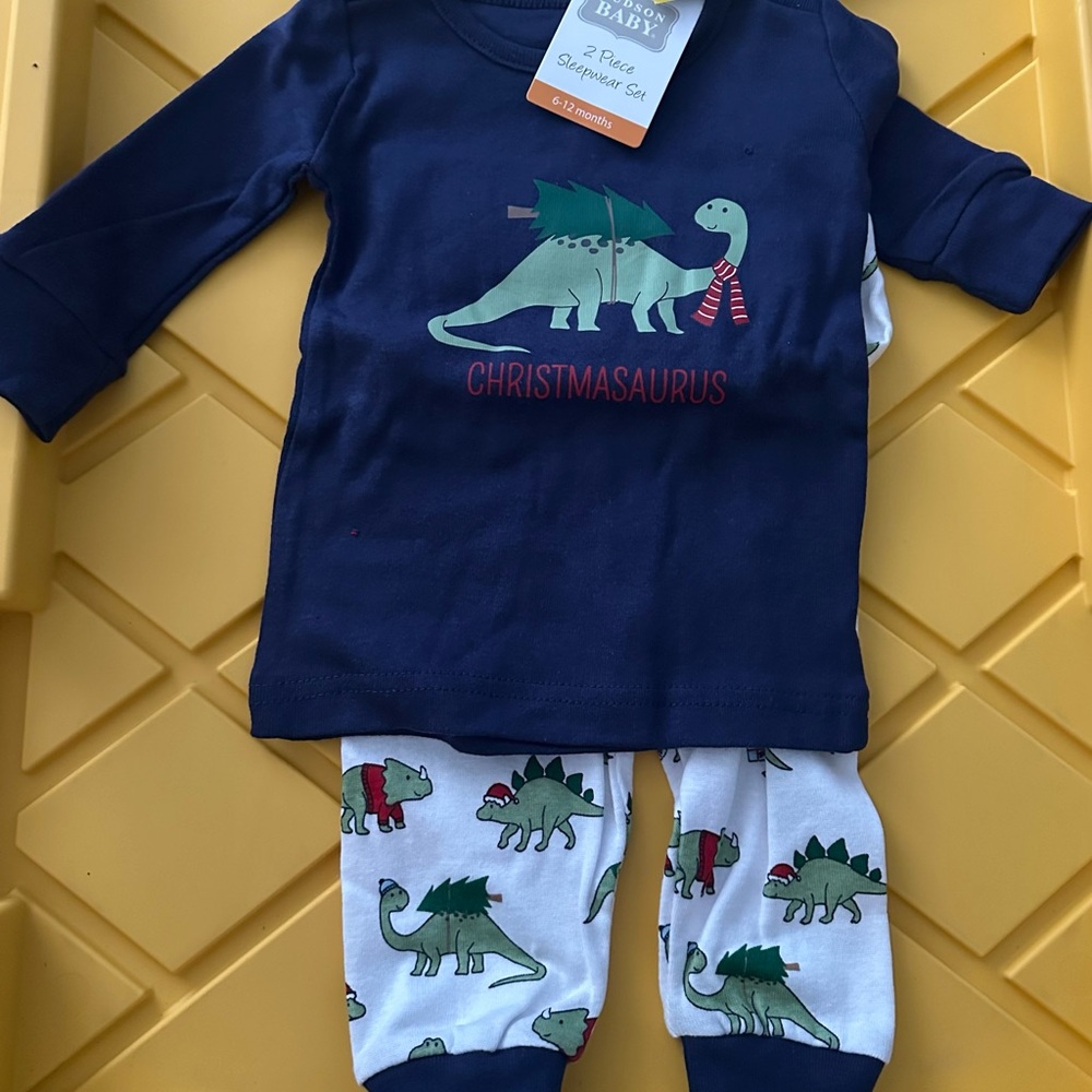 CHRISTMASAURUS dinosaur Hudson Baby Navy Sleepwear 6-12 mo. Christmas pajamas